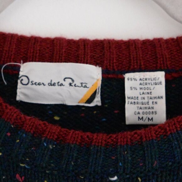 Vintage Oscar De La Renta Blue Maroon Designer 5% Wool Knit Crew Neck Sweater - Picture 5 of 11